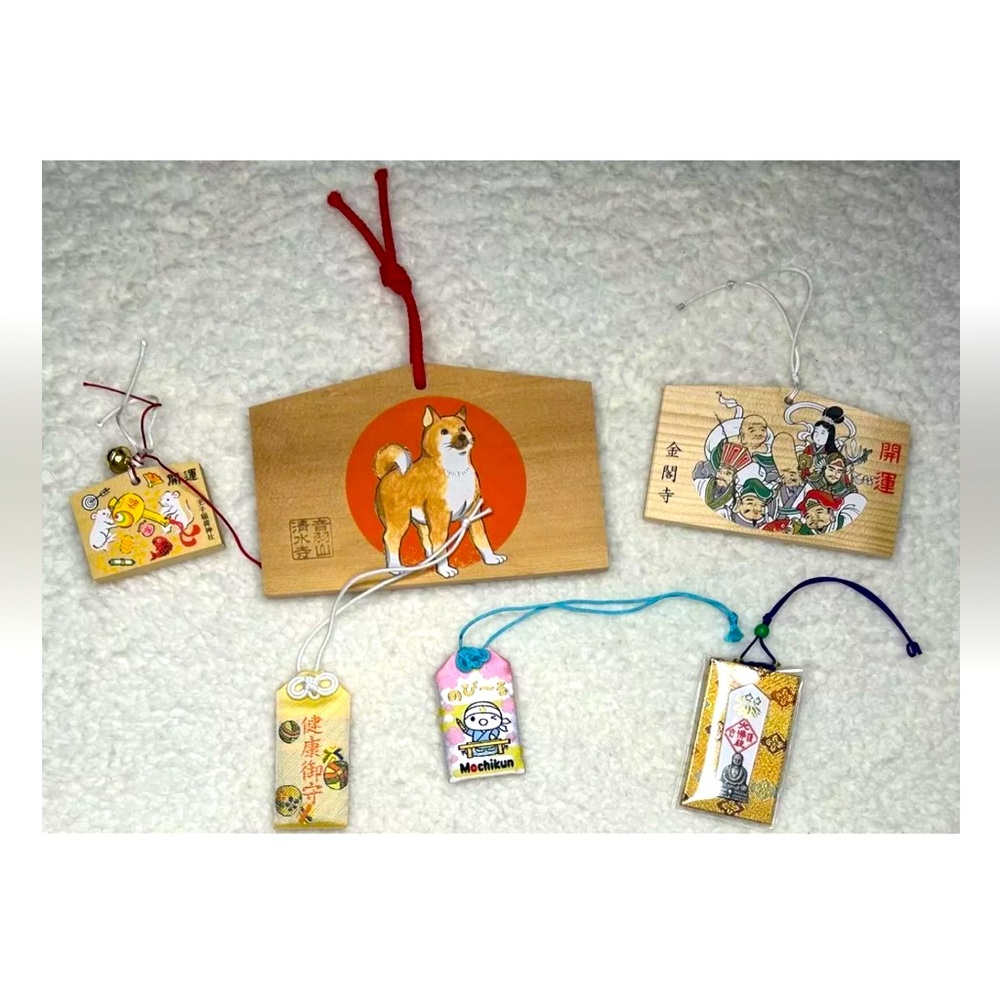 Japanese religious goods - Ema (wooden wish plaques) and omamori (amulets) SET
